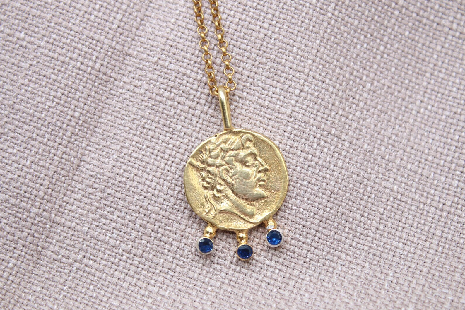 Ancient Coin Sapphire Necklace Gold Plated Sterling Silver Pendant
