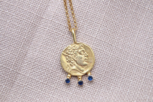 Ancient Coin Sapphire Necklace Gold Plated Sterling Silver Pendant