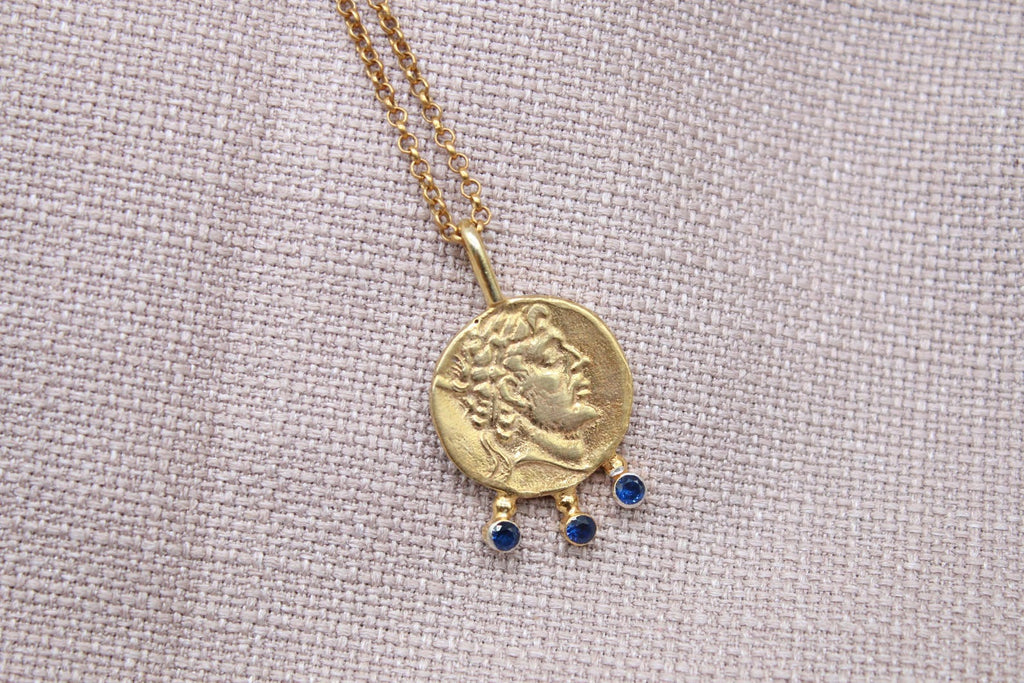 Ancient Coin Sapphire Necklace Gold Plated Sterling Silver Pendant