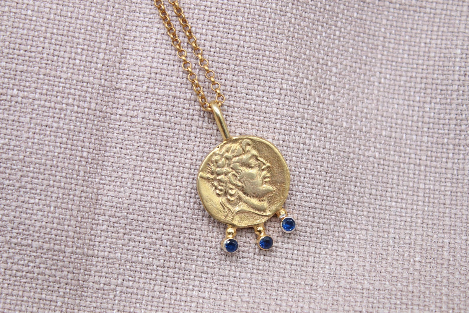 Ancient Coin Sapphire Necklace Gold Plated Sterling Silver Pendant