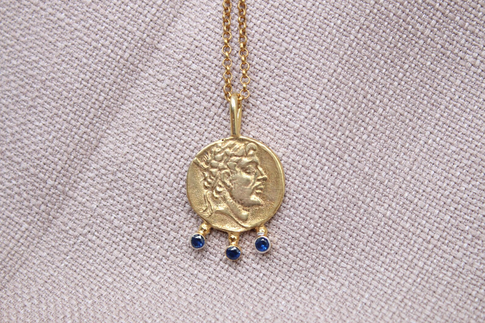 Ancient Coin Sapphire Necklace Gold Plated Sterling Silver Pendant