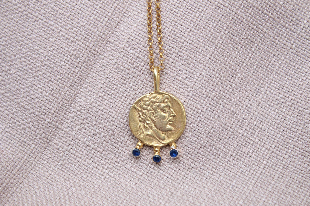 Ancient Coin Sapphire Necklace Gold Plated Sterling Silver Pendant