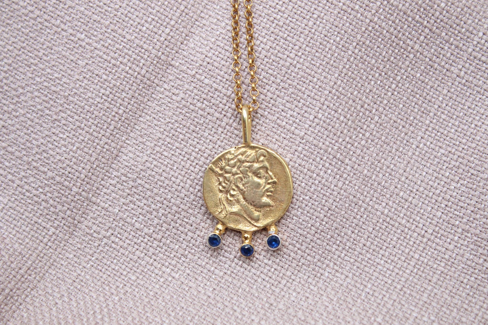 Ancient Coin Sapphire Necklace Gold Plated Sterling Silver Pendant
