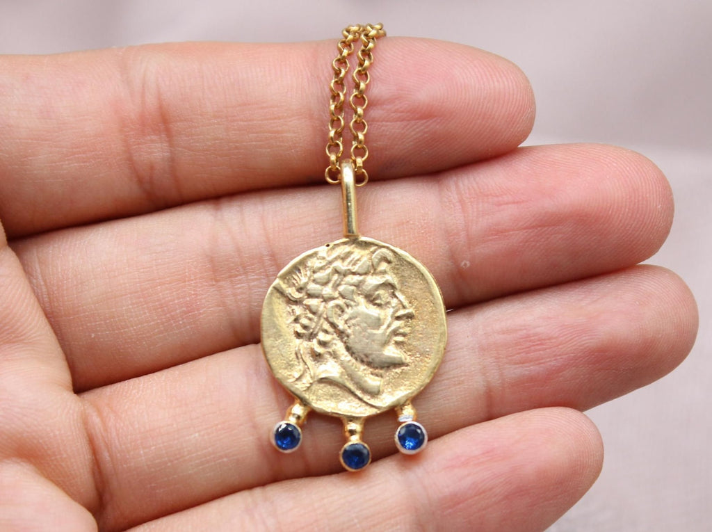 Ancient Coin Sapphire Necklace Gold Plated Sterling Silver Pendant
