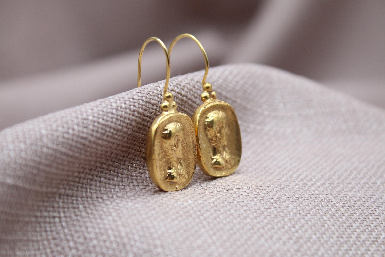 Ancient Coin Drop Earrings Gold Plated Sterling Silver Dangle Earrings