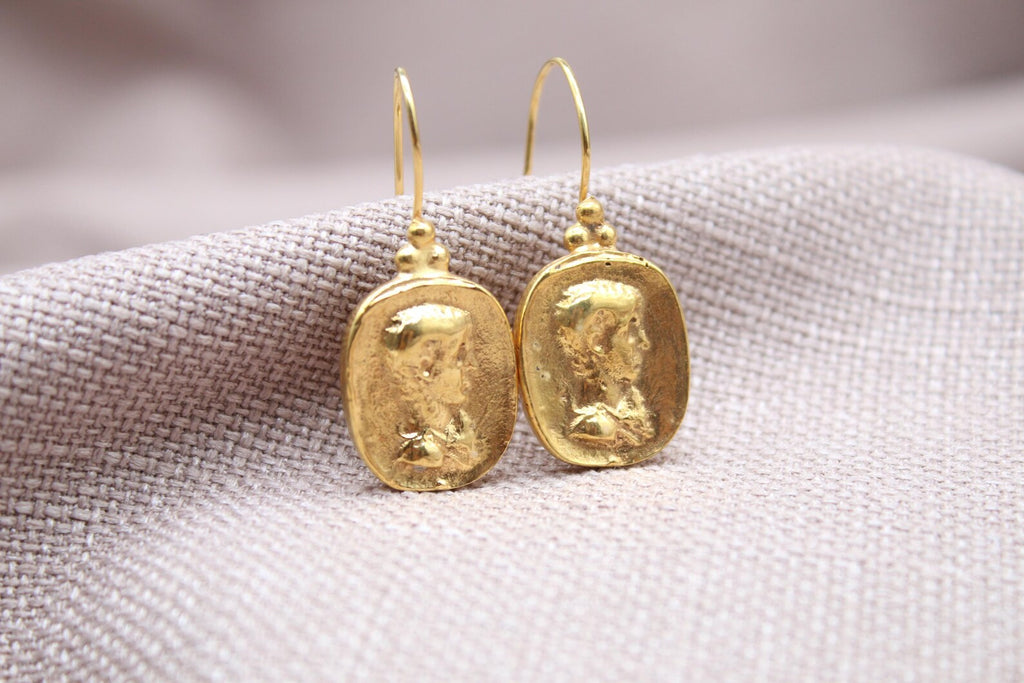 Ancient Coin Drop Earrings Gold Plated Sterling Silver Dangle Earrings