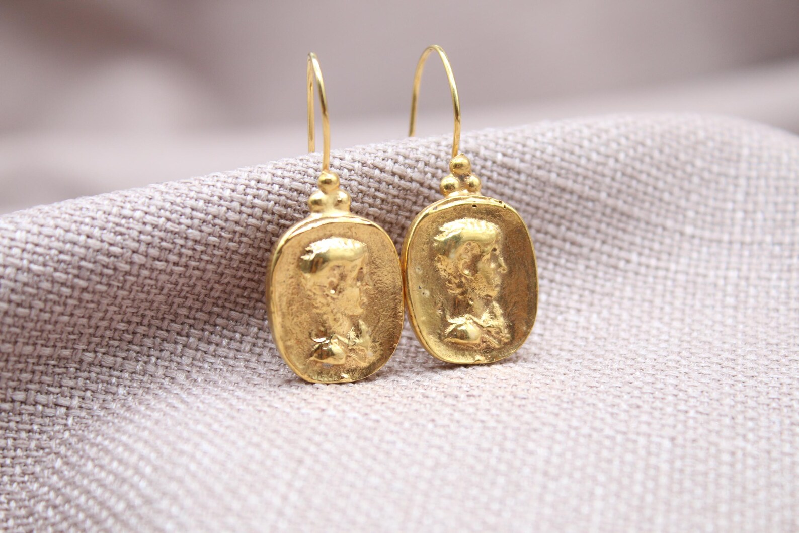 Ancient Coin Drop Earrings Gold Plated Sterling Silver Dangle Earrings