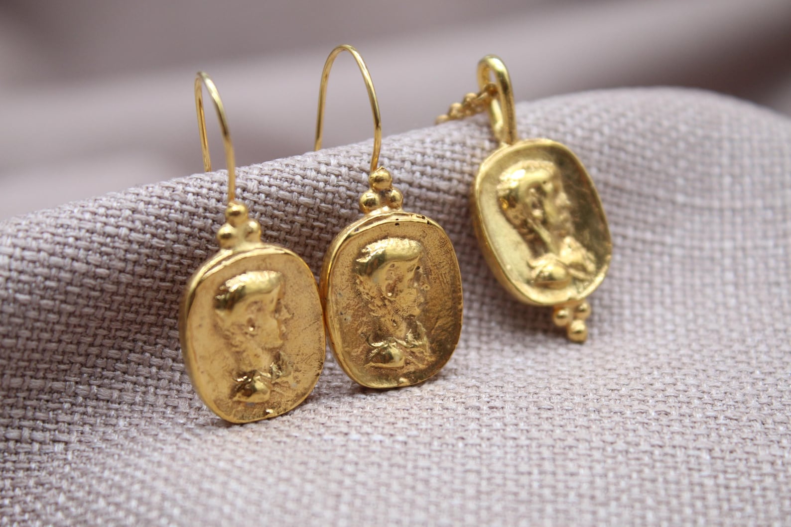 Ancient Coin Jewelry Set 22k Gold Plated Sterling Silver Necklace Earrings