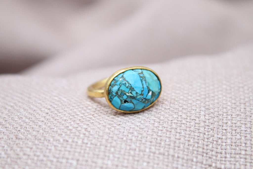 Natural Turquoise Ring 22k Gold Plated Sterling Silver Statement Ring