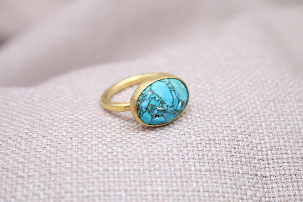 Natural Turquoise Ring 22k Gold Plated Sterling Silver Statement Ring