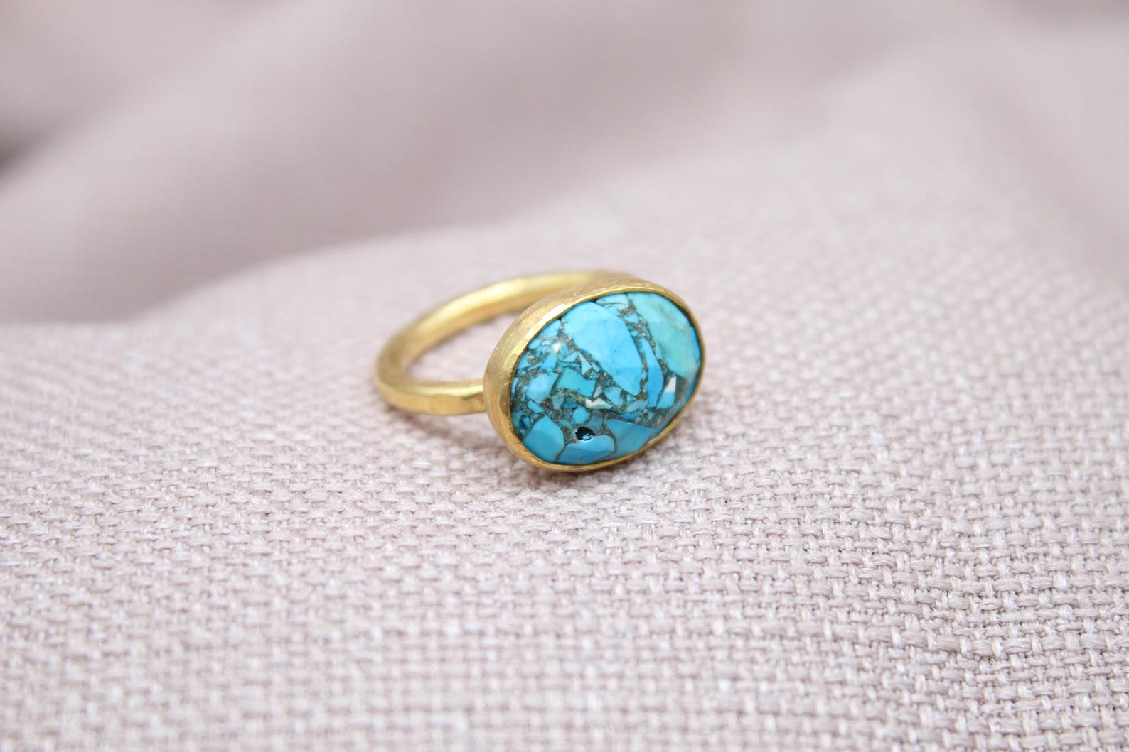 Natural Turquoise Ring 22k Gold Plated Sterling Silver Statement Ring