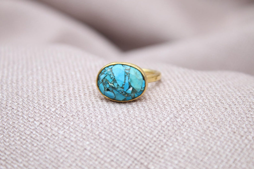 Natural Turquoise Ring 22k Gold Plated Sterling Silver Statement Ring