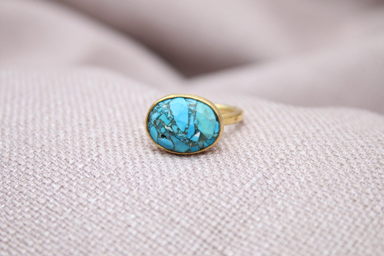 Natural Turquoise Ring 22k Gold Plated Sterling Silver Statement Ring