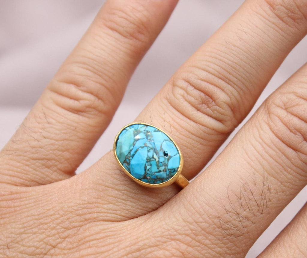 Natural Turquoise Ring 22k Gold Plated Sterling Silver Statement Ring