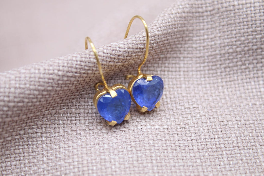 Blue Sapphire Heart Earrings 22k Gold Plated Sterling Silver