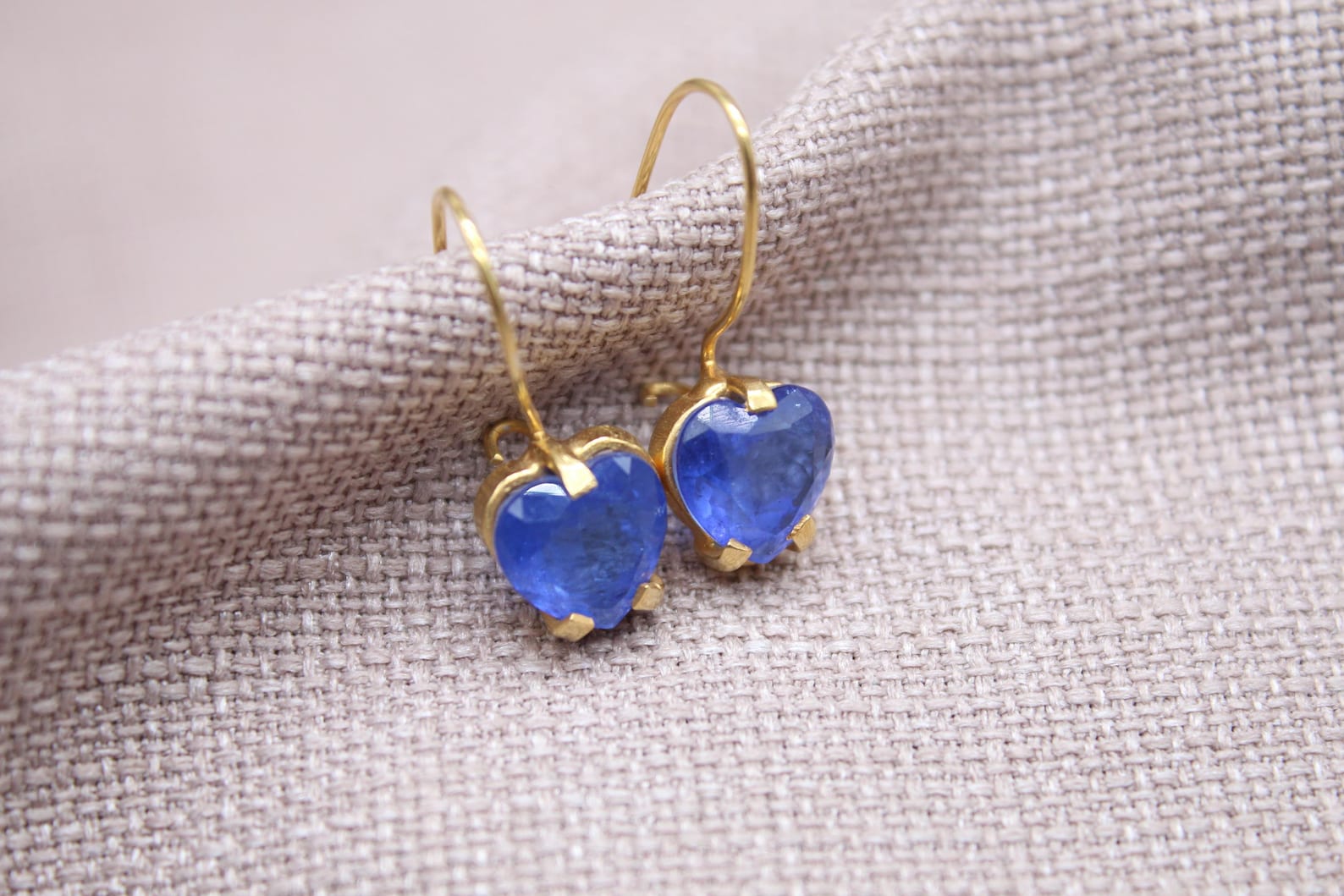 Blue Sapphire Heart Earrings 22k Gold Plated Sterling Silver