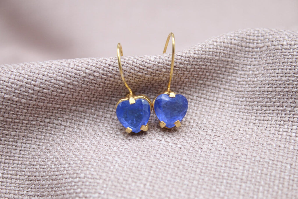 Blue Sapphire Heart Earrings 22k Gold Plated Sterling Silver