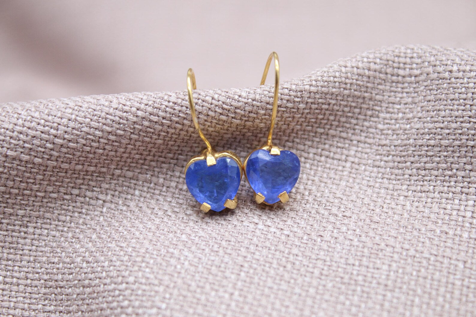 Blue Sapphire Heart Earrings 22k Gold Plated Sterling Silver