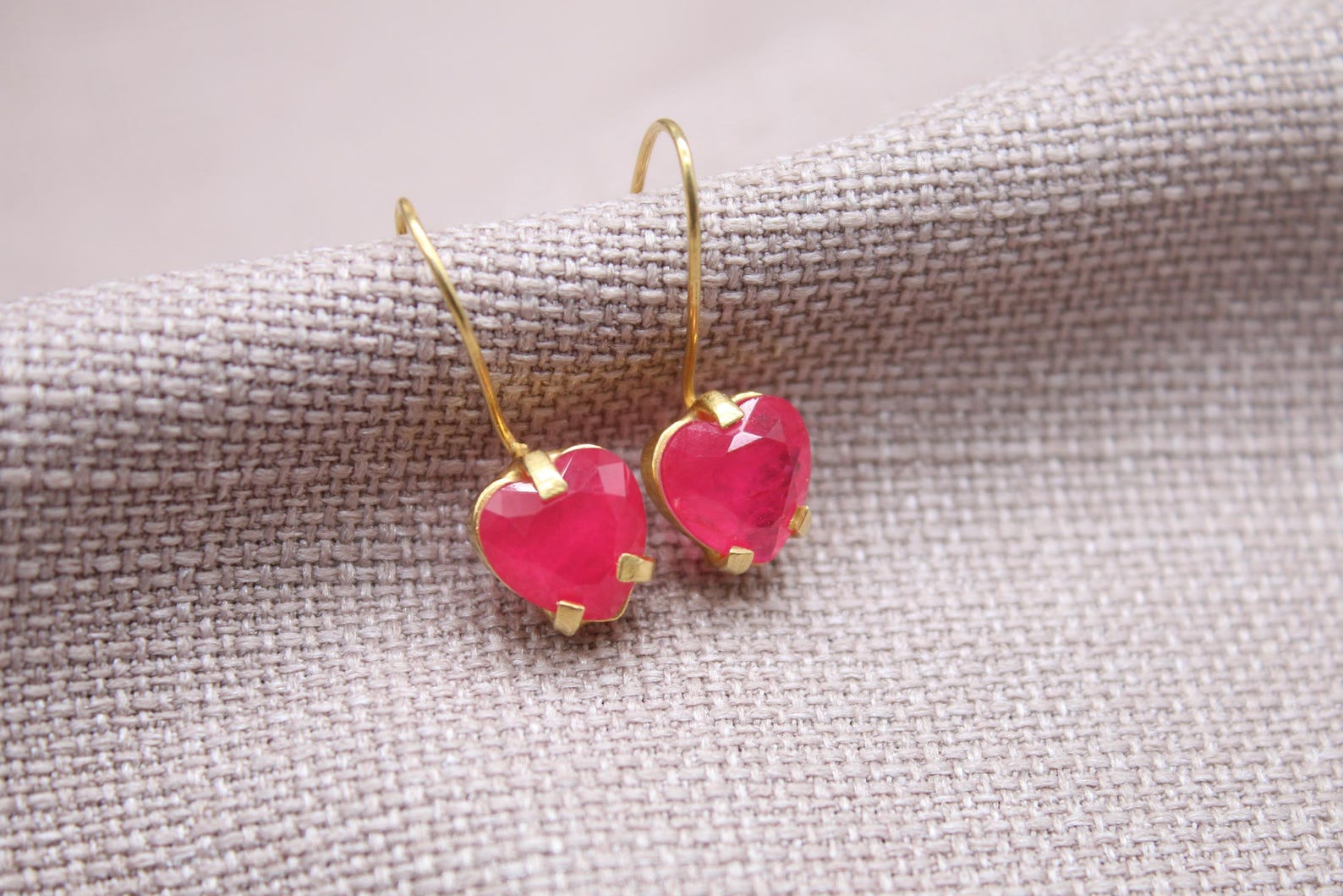 Ruby Heart Earrings 22k Gold Plated Sterling Silver Jewelry