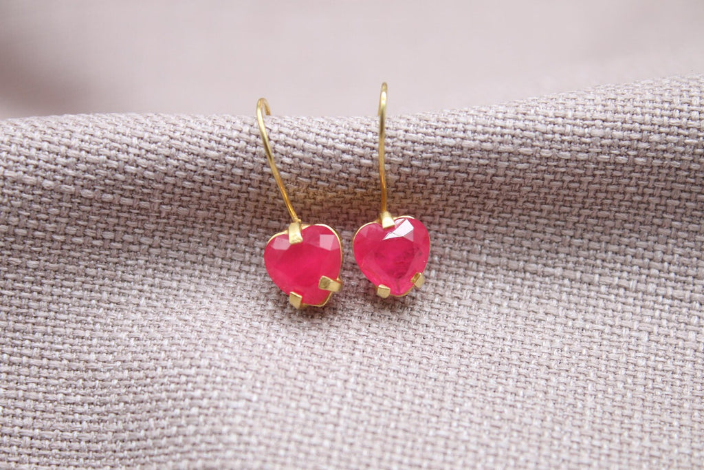 Ruby Heart Earrings 22k Gold Plated Sterling Silver Jewelry