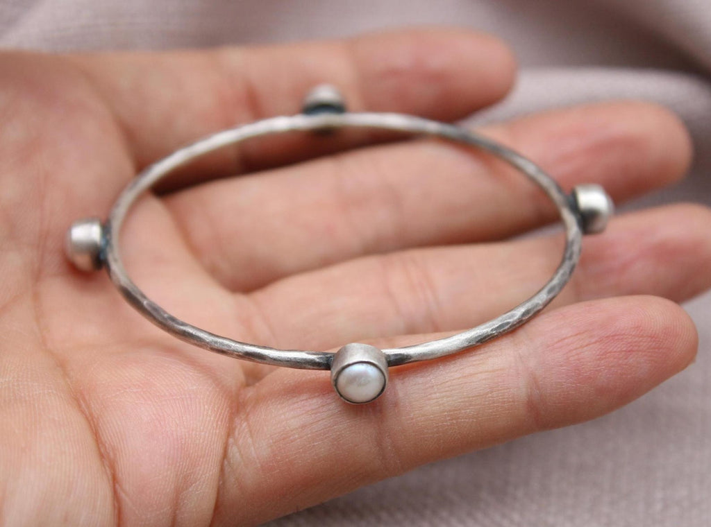 Freshwater Pearl Sterling Silver Bangle Bracelet Handmade Jewelry