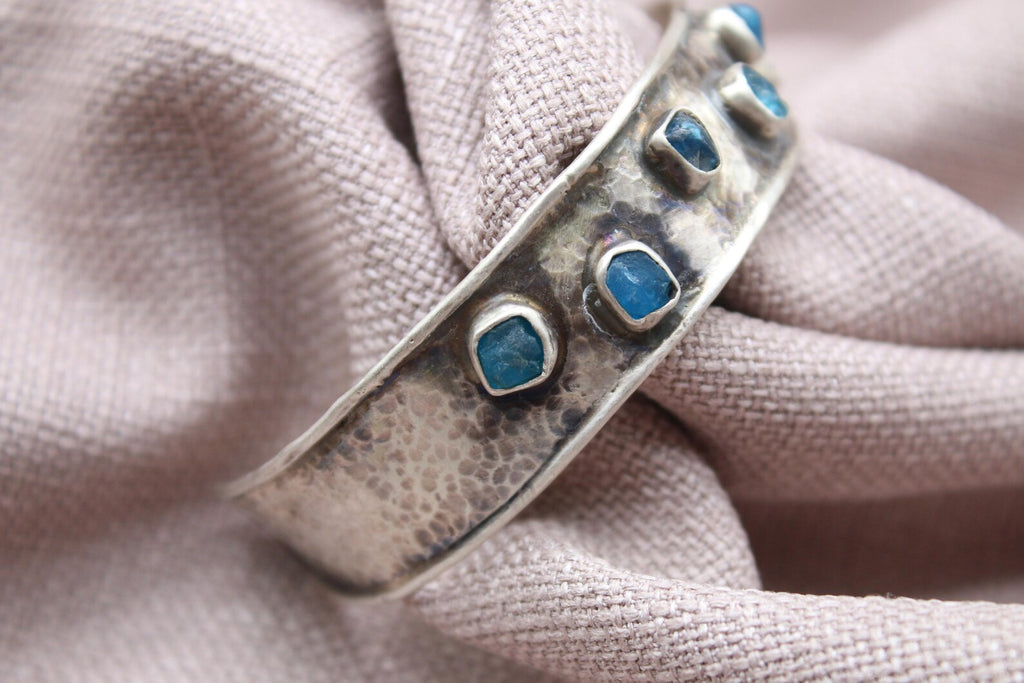 Blue Apatite Cuff Bracelet Hammered Sterling Silver Jewelry