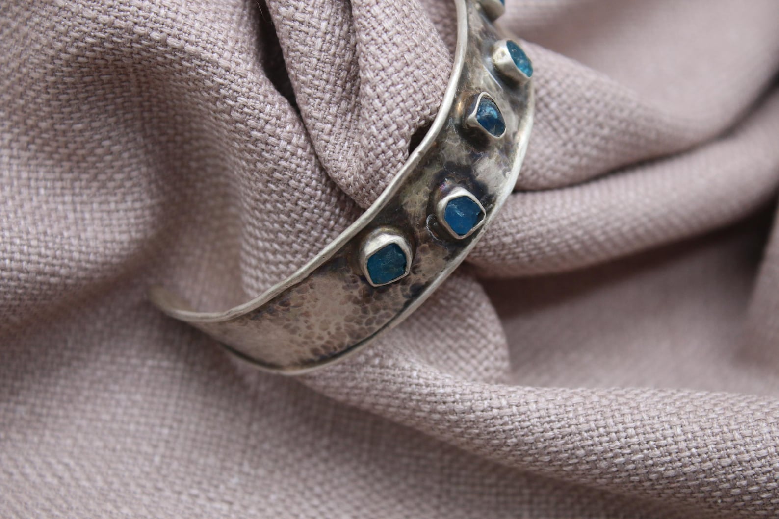 Blue Apatite Cuff Bracelet Hammered Sterling Silver Jewelry