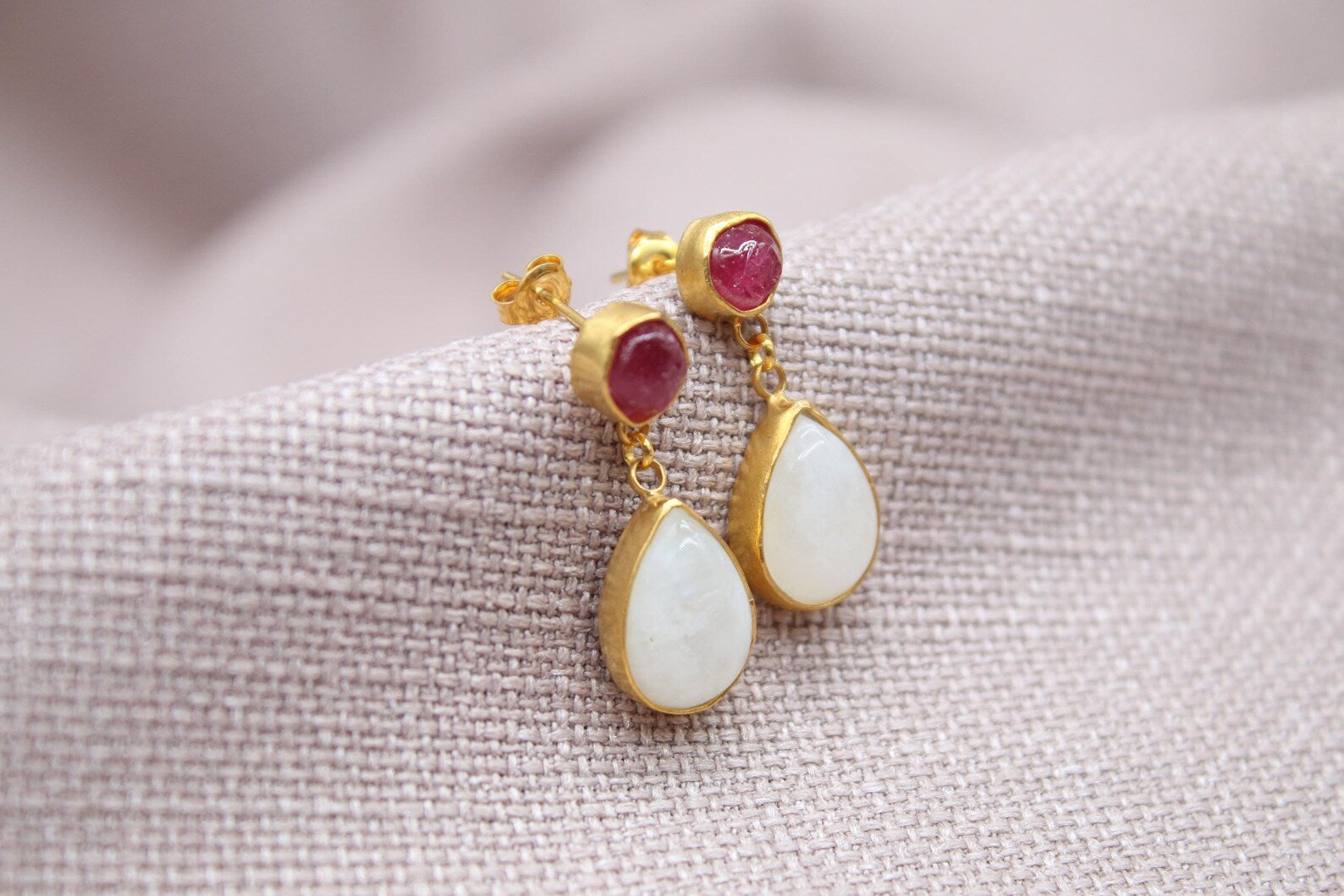 Ruby Moonstone Drop Earrings Gold Plated Sterling Silver