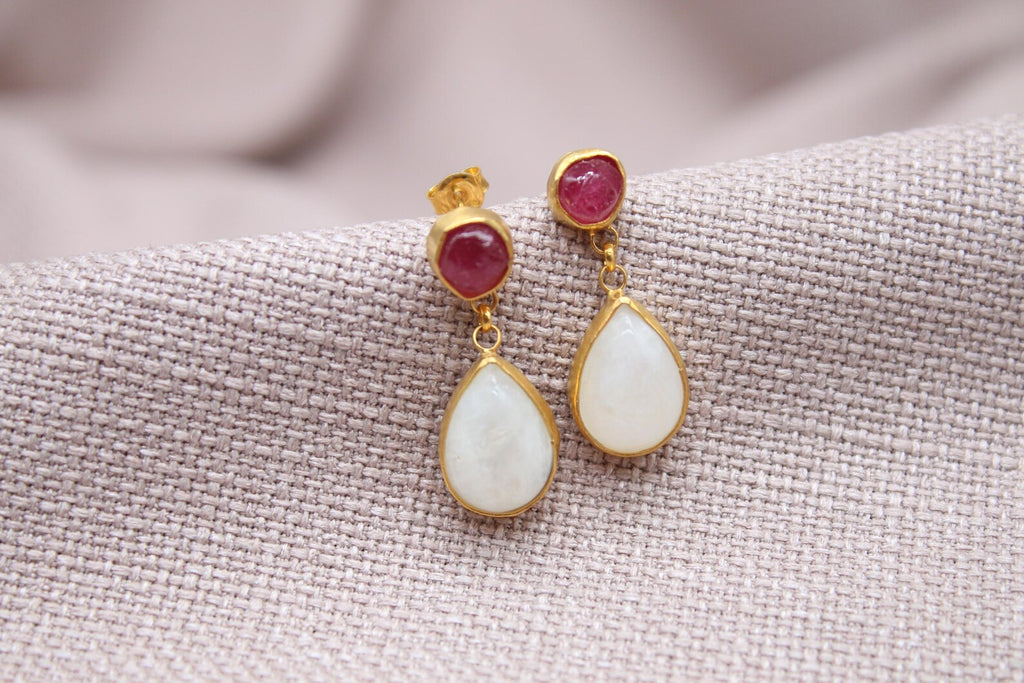 Ruby Moonstone Drop Earrings Gold Plated Sterling Silver