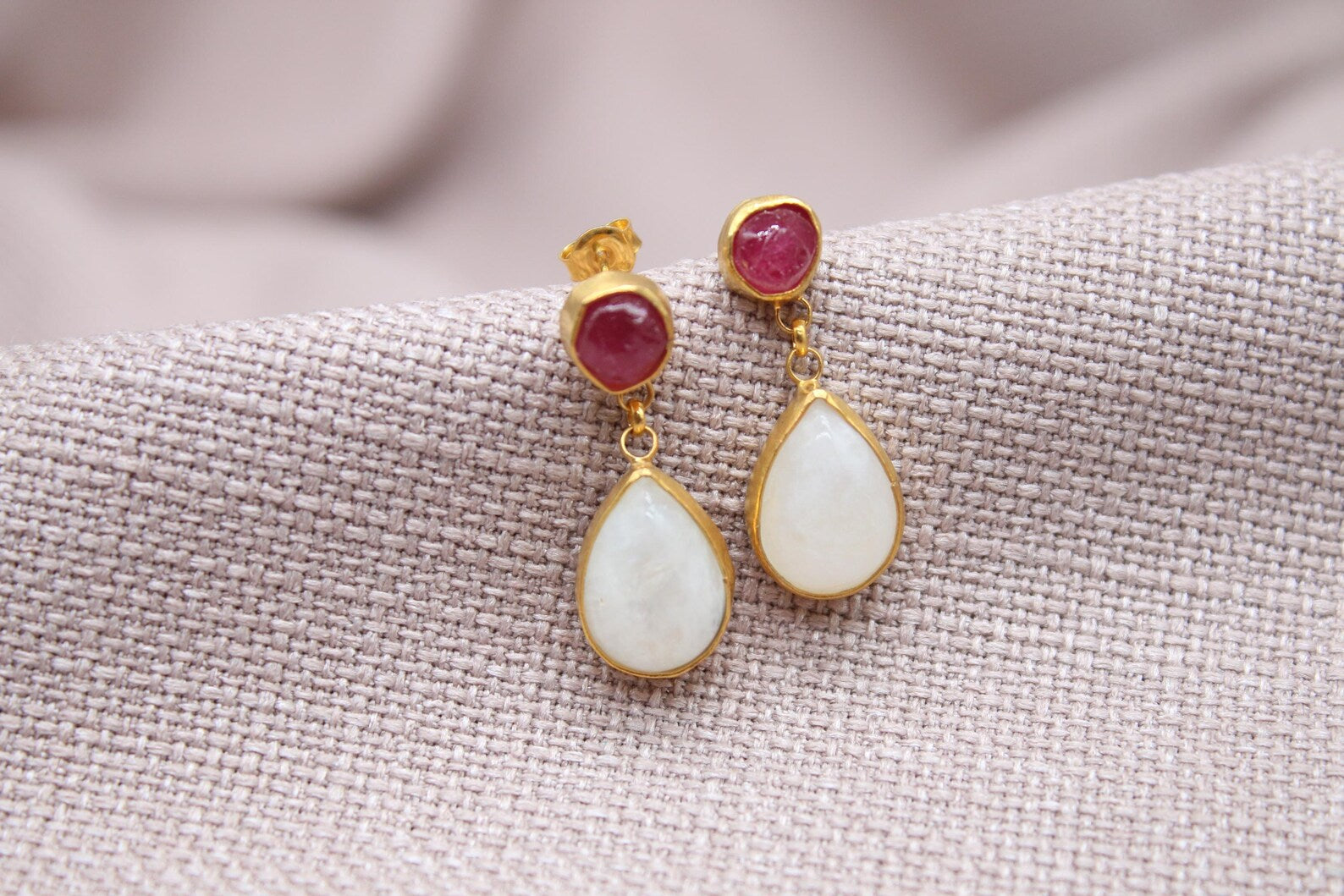 Ruby Moonstone Drop Earrings Gold Plated Sterling Silver