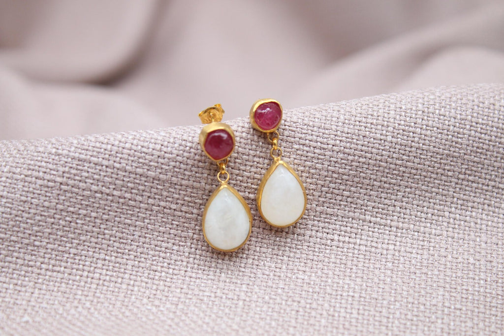 Ruby Moonstone Drop Earrings Gold Plated Sterling Silver