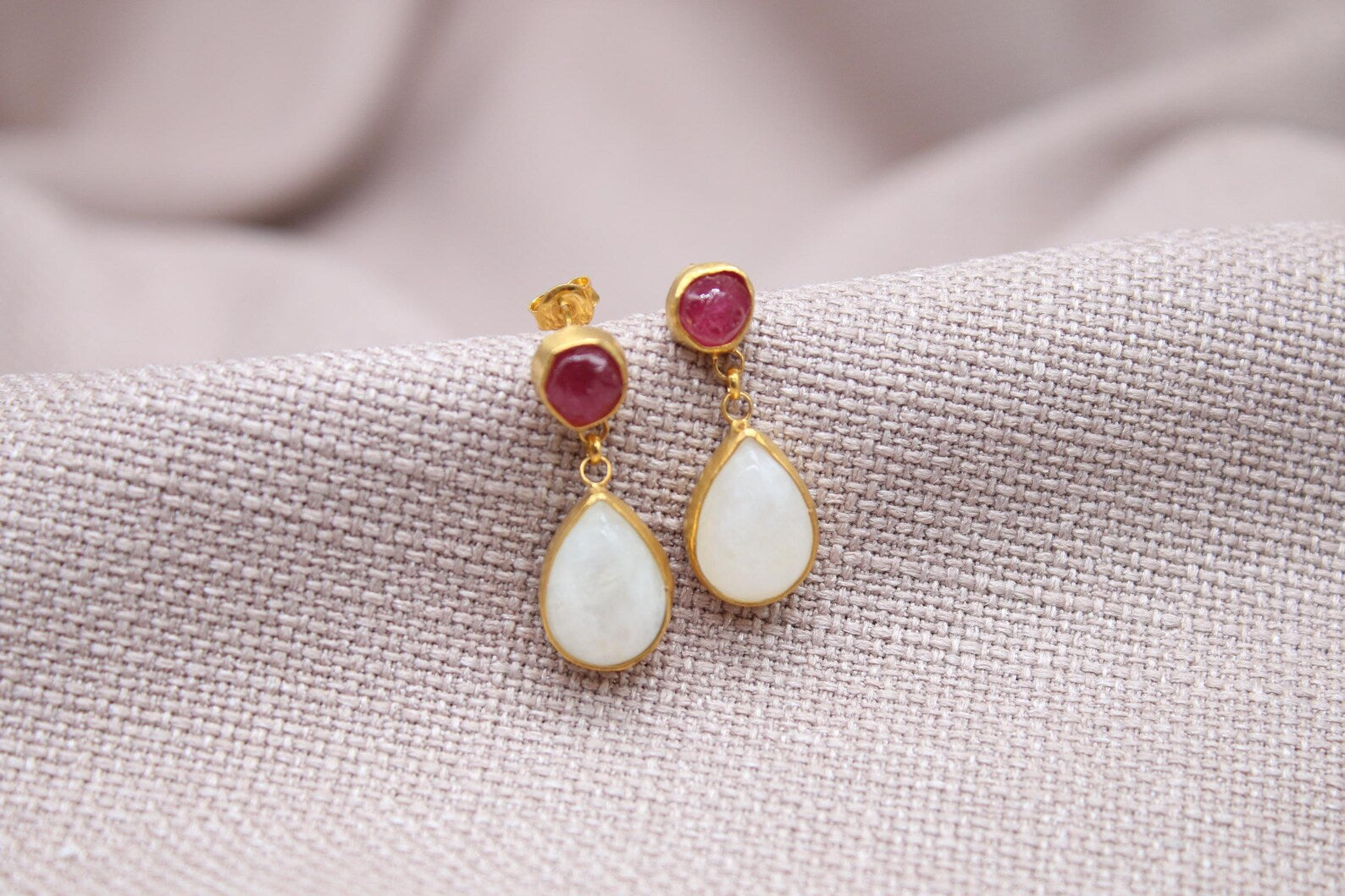 Ruby Moonstone Drop Earrings Gold Plated Sterling Silver