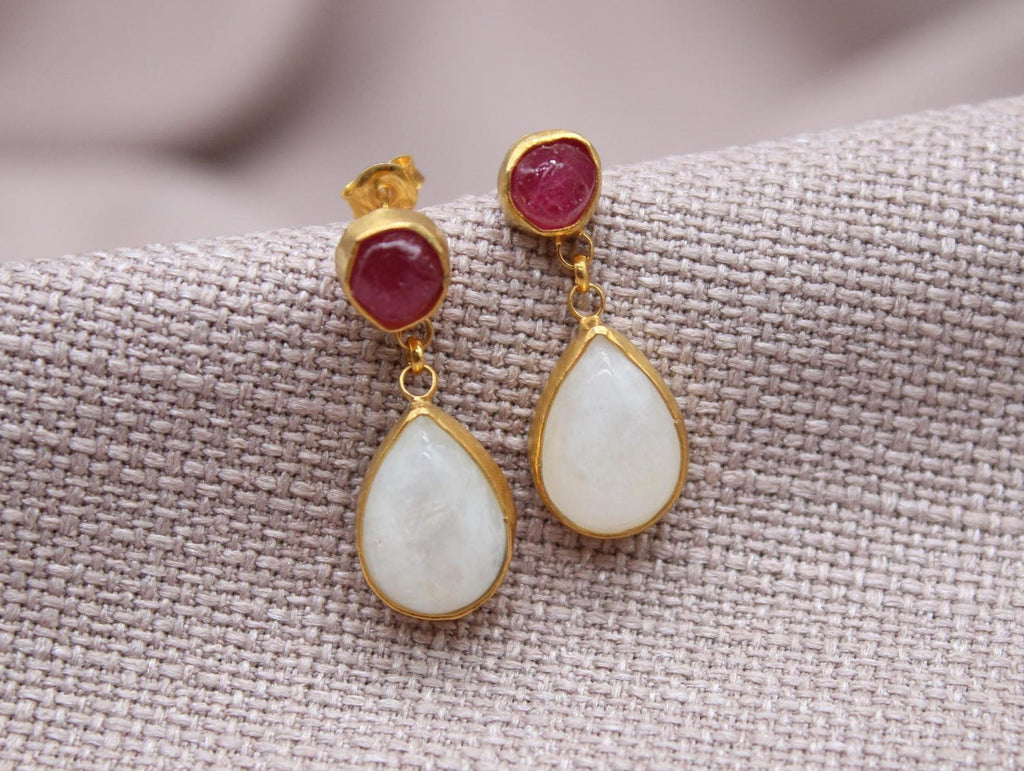 Ruby Moonstone Drop Earrings Gold Plated Sterling Silver