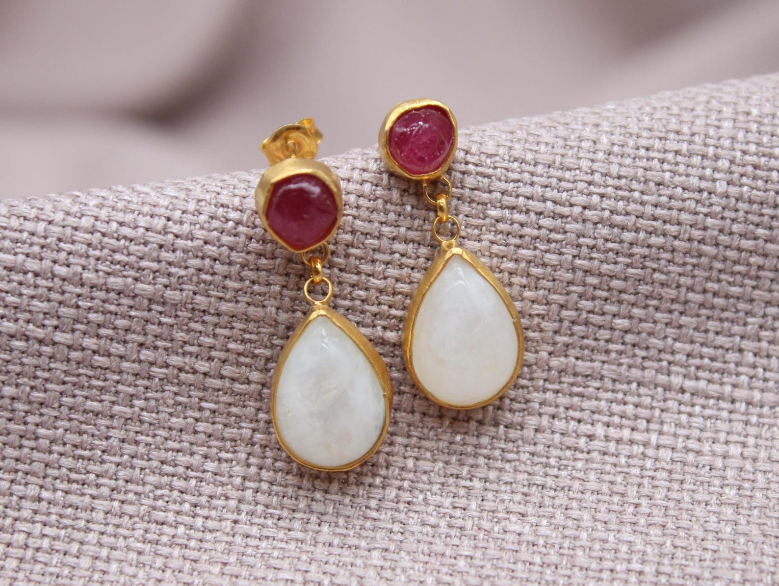 Ruby Moonstone Drop Earrings Gold Plated Sterling Silver