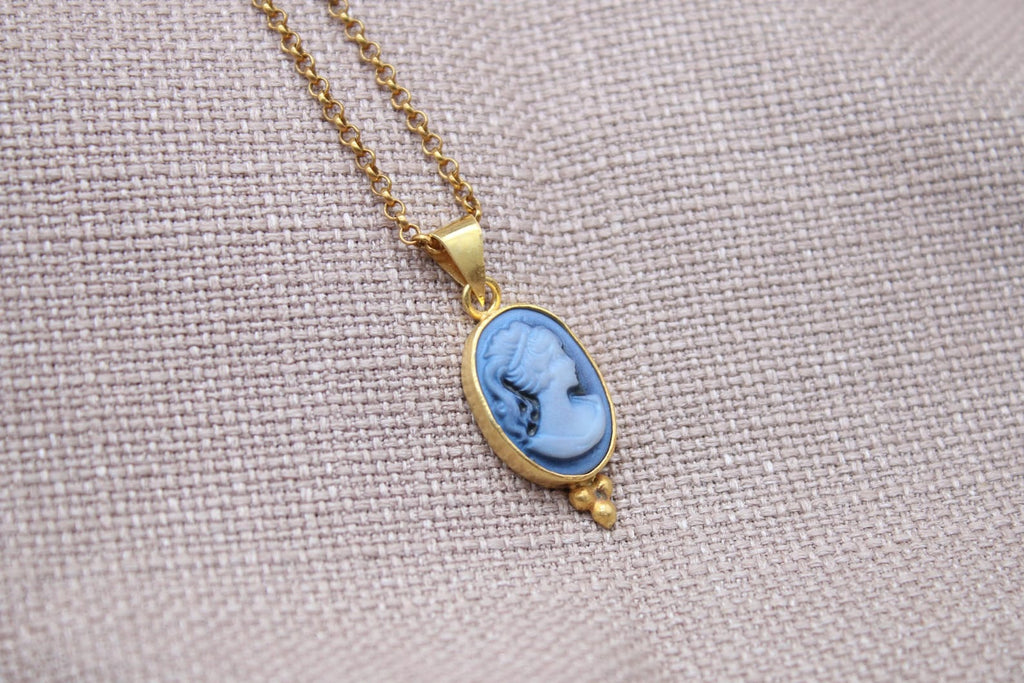 Vintage Blue Cameo Necklace Gold Plated Sterling Silver