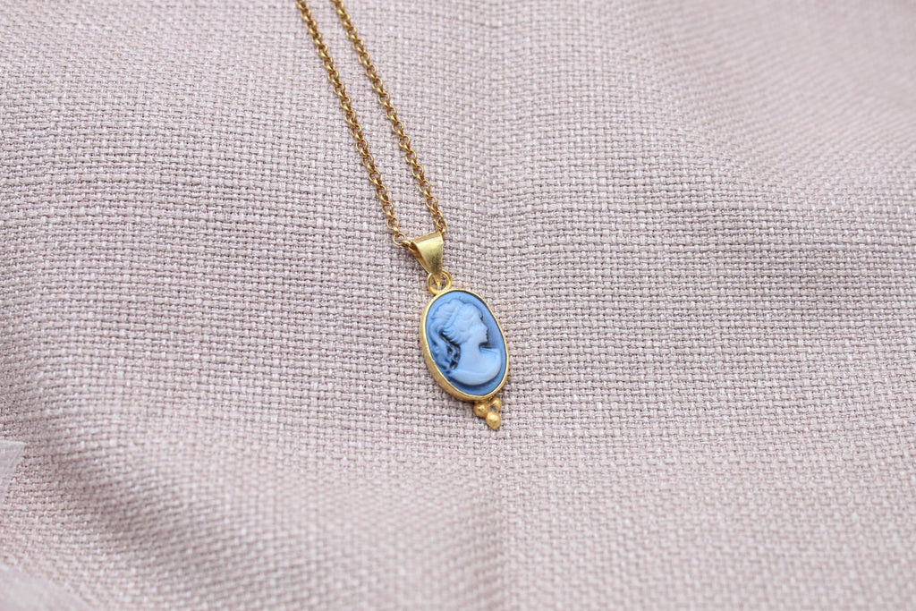Vintage Blue Cameo Necklace Gold Plated Sterling Silver