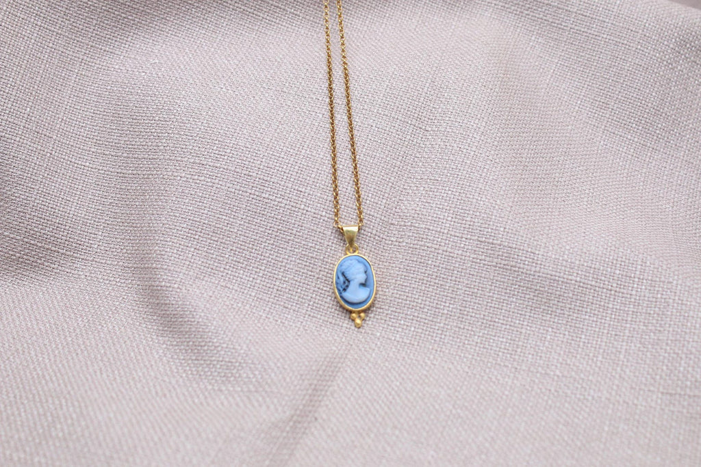 Vintage Blue Cameo Necklace Gold Plated Sterling Silver