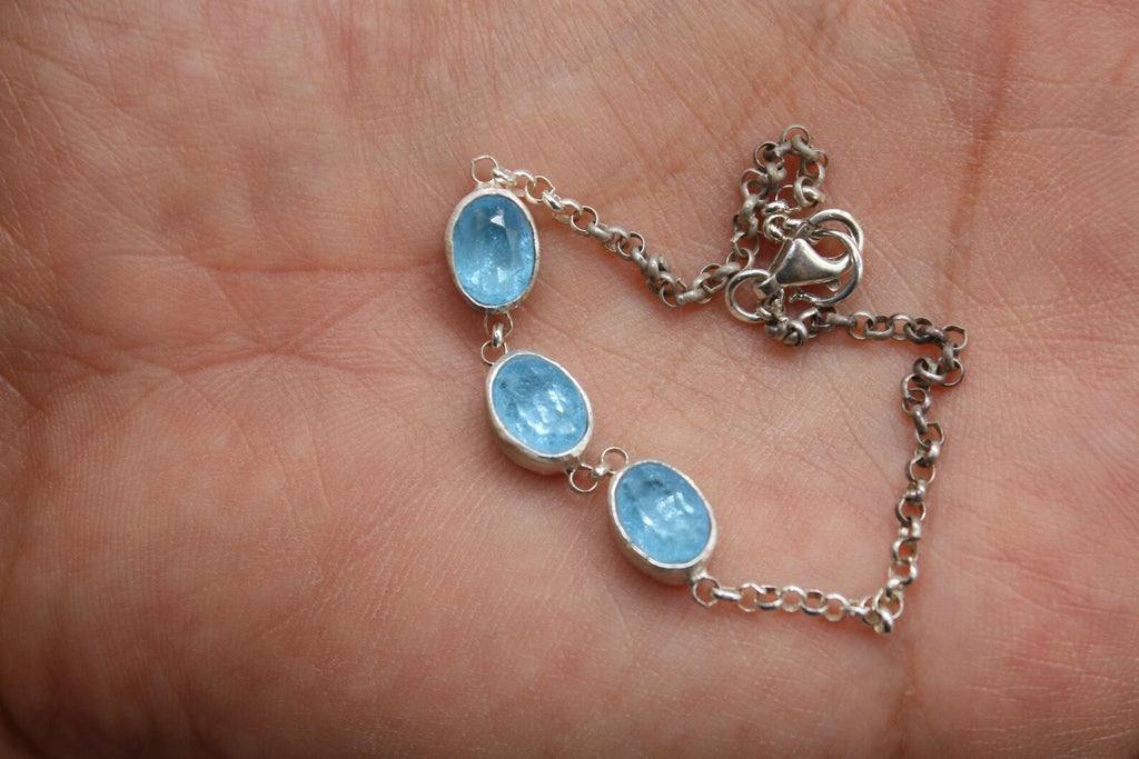 Blue Topaz Sterling Silver Bracelet Handmade Oval Gemstone Chain Bracelet