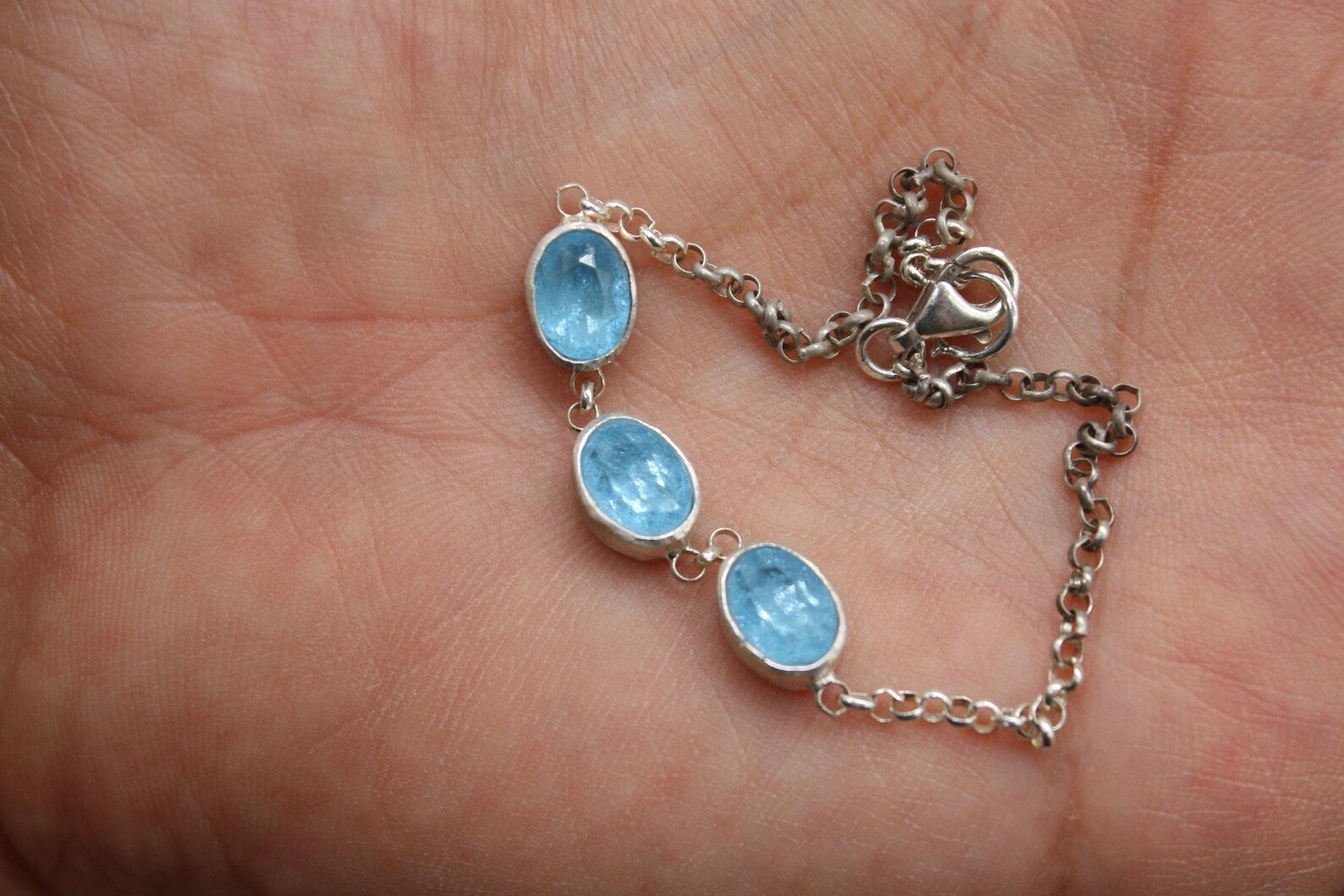 Blue Topaz Sterling Silver Bracelet Handmade Oval Gemstone Chain Bracelet