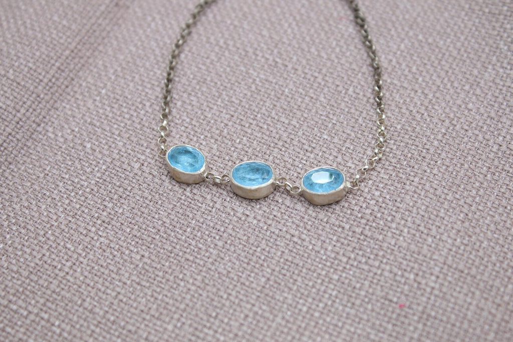 Blue Topaz Sterling Silver Bracelet Handmade Oval Gemstone Chain Bracelet