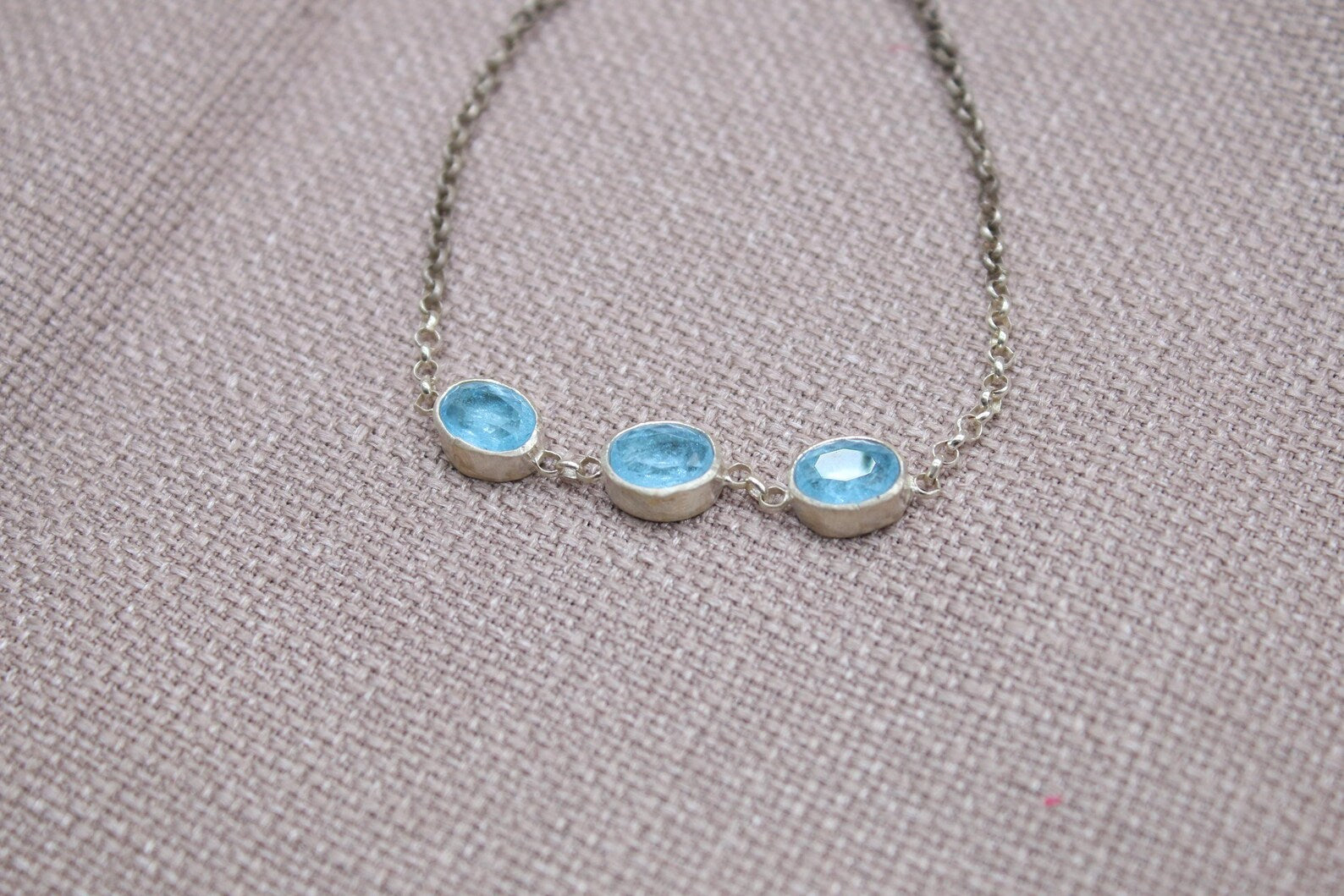 Blue Topaz Sterling Silver Bracelet Handmade Oval Gemstone Chain Bracelet