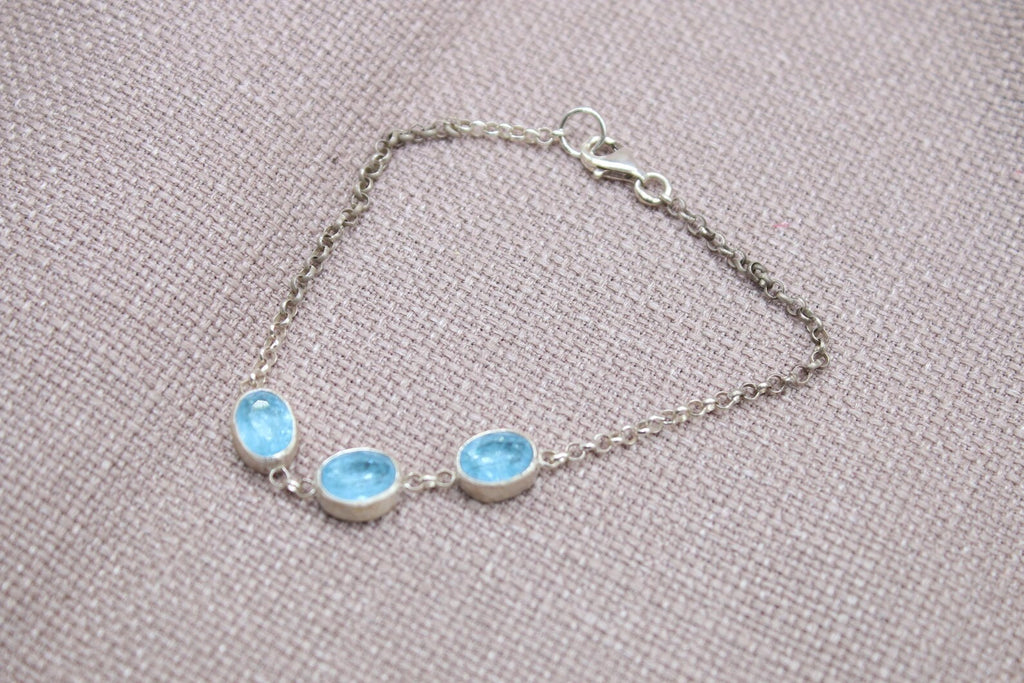 Blue Topaz Sterling Silver Bracelet Handmade Oval Gemstone Chain Bracelet