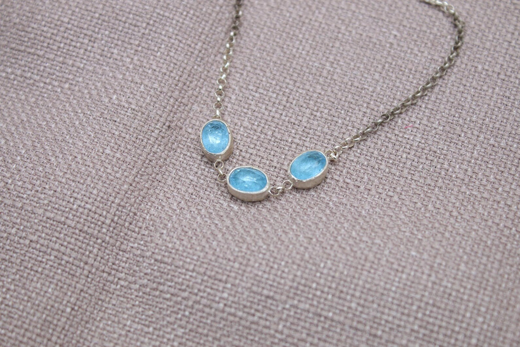 Blue Topaz Sterling Silver Bracelet Handmade Oval Gemstone Chain Bracelet