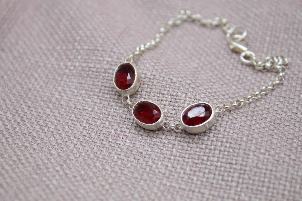 Ruby Sterling Silver Bracelet Handmade Oval Gemstone Chain Bracelet