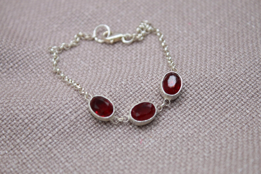 Ruby Sterling Silver Bracelet Handmade Oval Gemstone Chain Bracelet