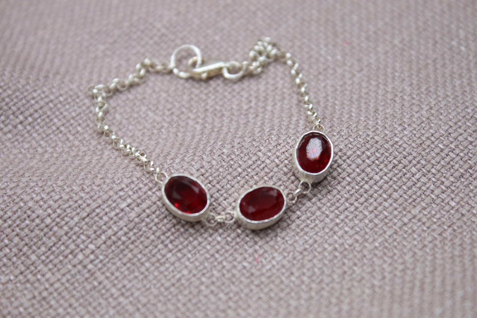 Ruby Sterling Silver Bracelet Handmade Oval Gemstone Chain Bracelet