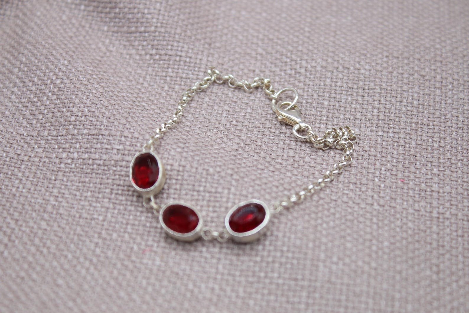 Ruby Sterling Silver Bracelet Handmade Oval Gemstone Chain Bracelet