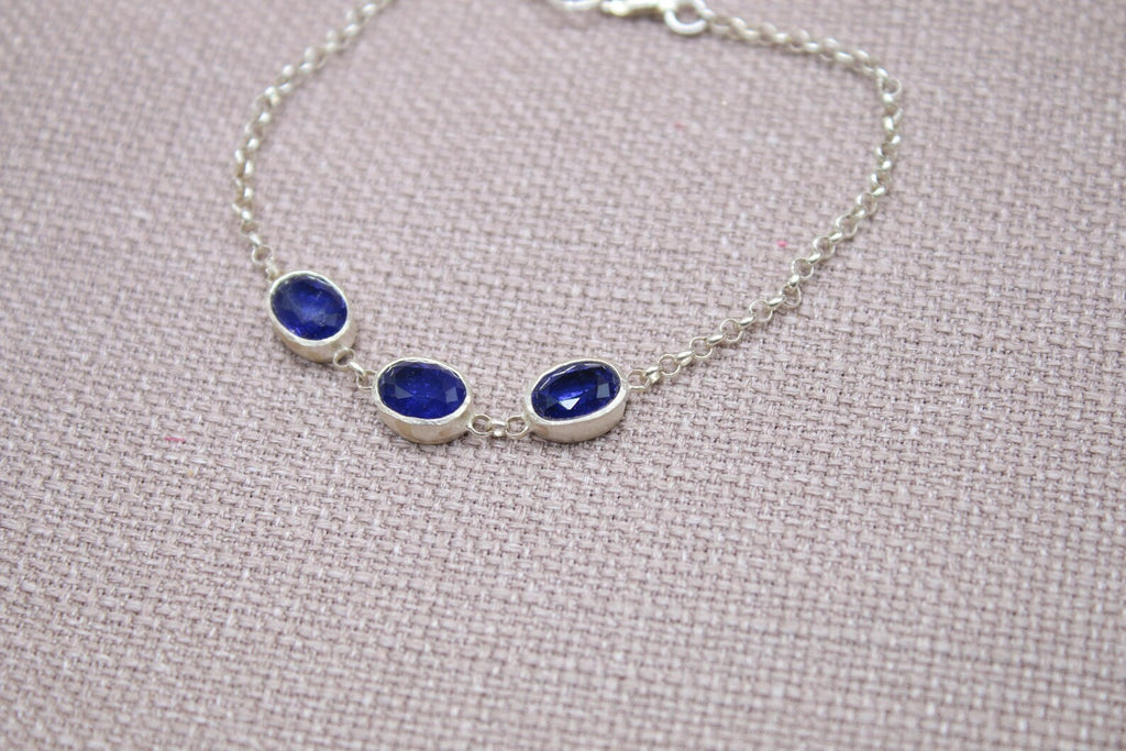 Sapphire Sterling Silver Bracelet Handmade Oval Gemstone Chain Bracelet