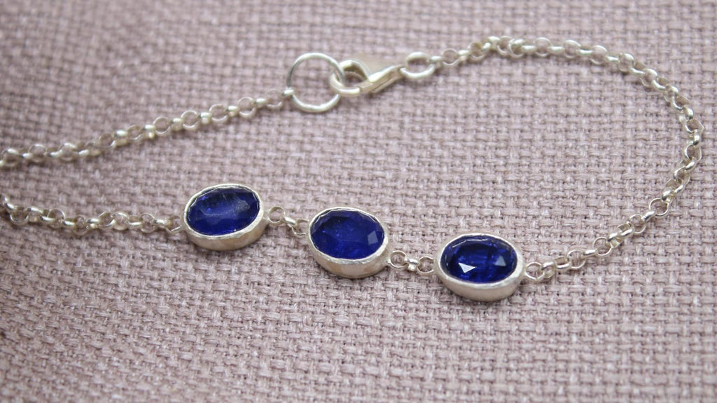 Sapphire Sterling Silver Bracelet Handmade Oval Gemstone Chain Bracelet