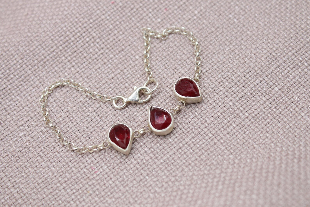 Ruby Teardrop Sterling Silver Bracelet Handmade Gemstone Chain Bracelet